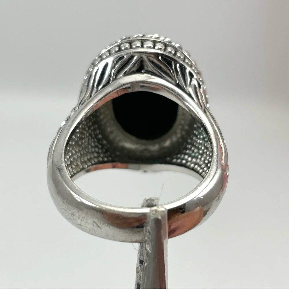 Stunning Oval Cut Faux Onyx Silver Tone Statement Ring Art Deco Sz 9
